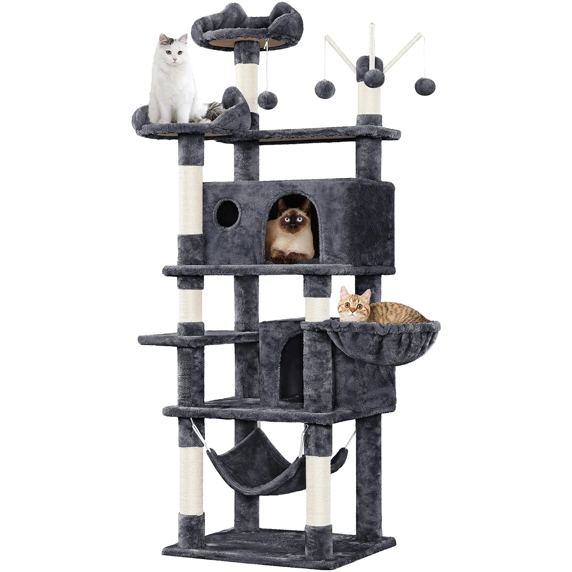 Spacious Cat Tree with 2 Condos, Hammock & Play Toys
